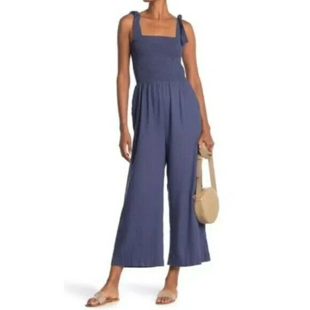 Susina smocked tie strap wide leg jumpsuit plus size Navy Crown Size Medium